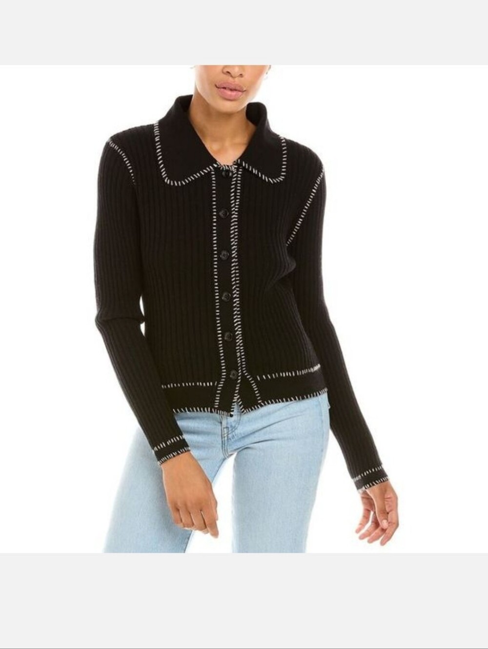 Autumn Cashmere Black Ribbed Button-Up Sweater with Contrast Stitching